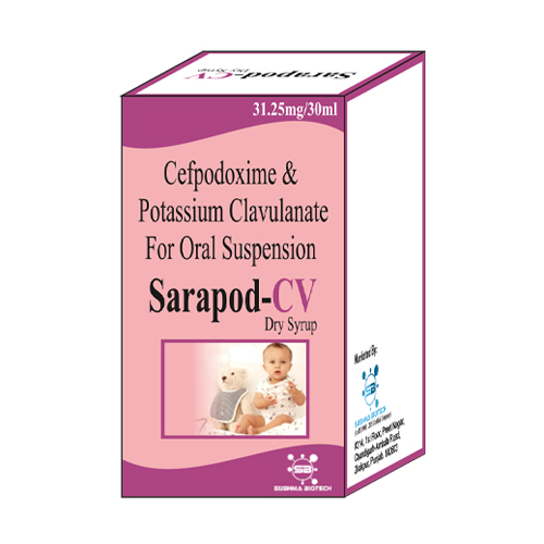 Product Name: Sarapod CV, Compositions of Sarapod CV are Cefpodoxime & Potassium Clavulanate For Oral Suspension - Sushma Biotech