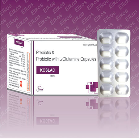 Product Name: Koslac, Compositions of Koslac are Prebiotic & Probiotic with L-Glutamine Capsules - Elkos Healthcare Pvt. Ltd