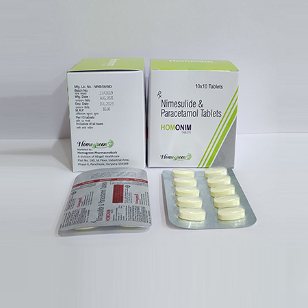Product Name: Homonim, Compositions of Homonim are Nimesulide & Paracetamol Tablets - Abigail Healthcare