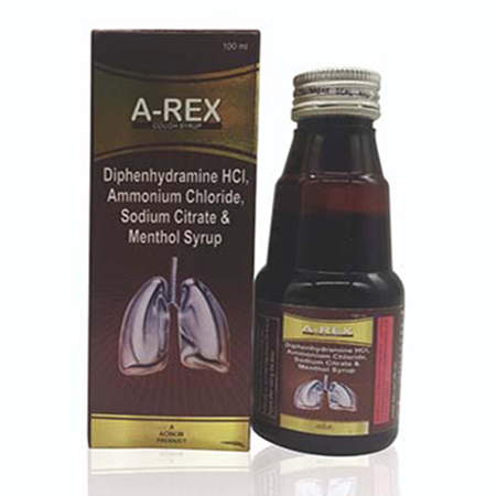 Product Name: A Rex, Compositions of A Rex are Diphenhydramine HCl, Ammonium Chloride, Sodium Citrate and Menthol Syrup - Acinom Healthcare