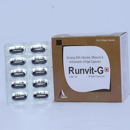 Product Name: RUNVIT G, Compositions of RUNVIT G are Gingseng with vitamins, Minerals & Antioxidants Softgel Capsules - Alencure Biotech Pvt Ltd