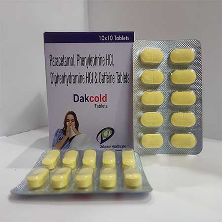 Product Name: Dakcold, Compositions of Dakcold are Paracetamol,Phenylephrine Hcl,Diphenhydramine Hcl &  Caffeine Tablets - Dakgaur Healthcare