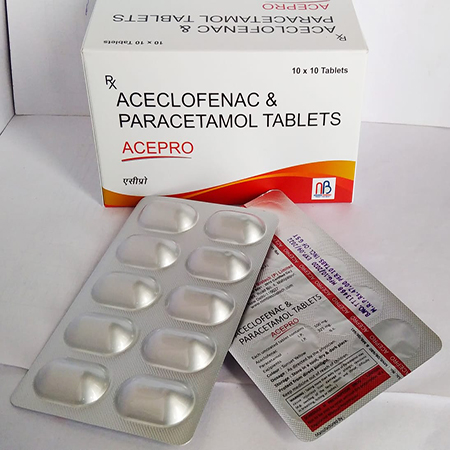 Product Name: Acepro, Compositions of Acepro are Aceclofenac and Paracetamol Tablets - Nimbles Biotech Pvt. Ltd