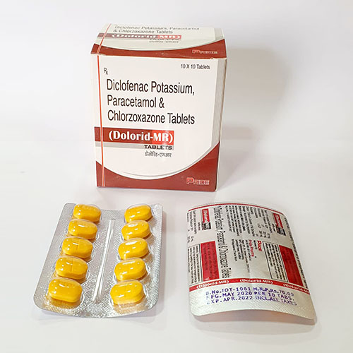 Product Name: Dolorid MR, Compositions of Dolorid MR are Diclofenac Potassium Paracetamol & Chlorzoxazone Tablets - Pride Pharma