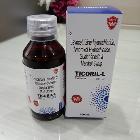 Product Name: Ticoril L, Compositions of Ticoril L are Levocetrizine Hydrochloride , Ambrol HCL, Guaiphensin & Menthol Syrup - Aviotic Healthcare Pvt. Ltd