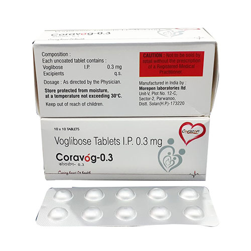 Product Name: Coravog 0.3 , Compositions of are Voglibose Tablets IP - Arlak Biotech