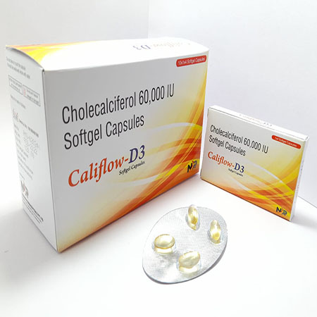 Product Name: Califlow D3, Compositions of Califlow D3 are Cholecalciferol 60,000 IU Softgel Capsules - Noxxon Pharmaceuticals Private Limited