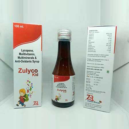 Product Name: Zulyco Kid, Compositions of Zulyco Kid are Lycopene,Multivitamin,Multimineral & Anti-Oxidants Syrup - Zumax Biocare