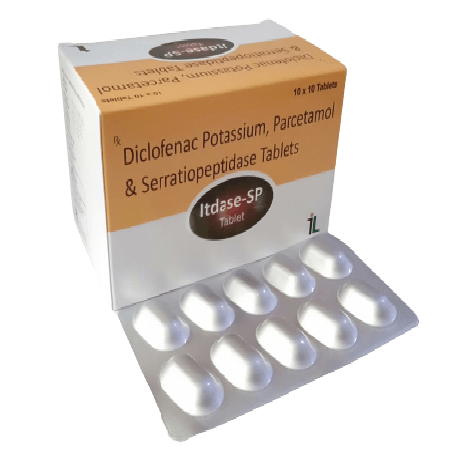 Product Name: ITDASE SP, Compositions of ITDASE SP are Diclofenac Potassium, Paracetamol & Serratiopeptidase Tablets - Itelic Labs
