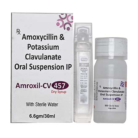 Product Name: Amroxil CV 457, Compositions of Amroxil CV 457 are Amoxycillin 400 mg + Clavulanic 57mg with Water - Cista Medicorp