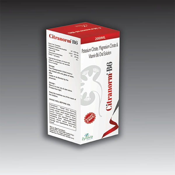 Product Name: Citranorm B6, Compositions of Citranorm B6 are Potassium Citrate, Magnesium Corate & Vitamin B6 Oral Solution - Zynovia Lifecare