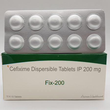 Product Name: Fix 200, Compositions of Fix 200 are Cefixime Dispersible Tablets IP 200 mg - Acinom Healthcare
