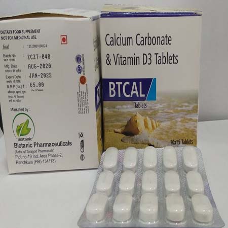 Product Name: Btcal, Compositions of Btcal are Calcium Carbonate &  Vitamin D3 Tablets - Biotanic Pharmaceuticals