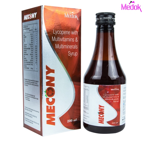 Product Name: Mecony, Compositions of Mecony are lycopene multivitamins & multiminerals syrup - Medok Life Sciences Pvt. Ltd