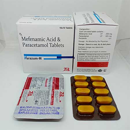 Product Name: Parazum M, Compositions of Parazum M are Mefenamic Acid & Paracetamol Tablets - Zumax Biocare