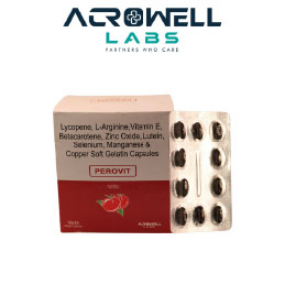 Product Name: Perovit, Compositions of Perovit are  Lycopene, L-Arginine, Vitamin E, Betacarotene, Zinc Oxide, Lutein, Selenium, Manganes and Copper Softgel Capsules - Acrowell Labs Private Limited