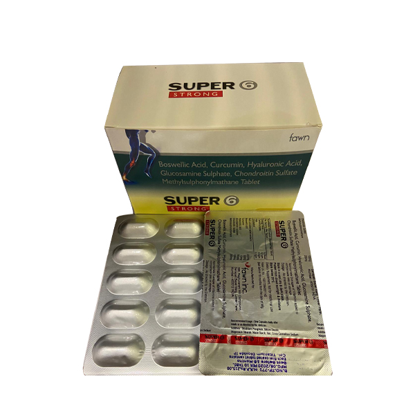 Product Name: SUPER 6 STRONG, Compositions of Boswellic acid 200mg, Curcumin 50mg, Hyaluronic acid 10 mg, Glucosamine sulphate 750mg, Chondroitin Sulfate 100mg and Metdylsulphonylmetdane 200mg are Boswellic acid 200mg, Curcumin 50mg, Hyaluronic acid 10 mg, Glucosamine sulphate 750mg, Chondroitin Sulfate 100mg and Metdylsulphonylmetdane 200mg - Fawn Incorporation
