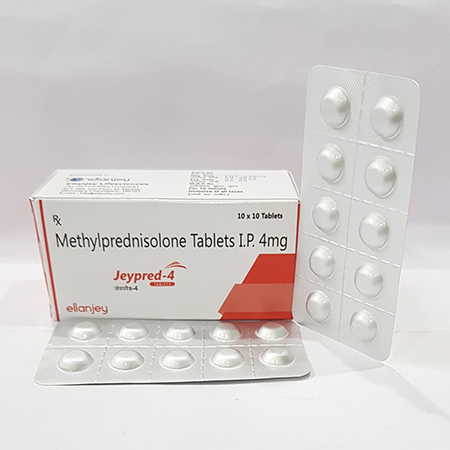 Product Name: Jeypred 4, Compositions of Jeypred 4 are Methylprednisolone Tablets IP 4mg - Ellanjey Lifesciences