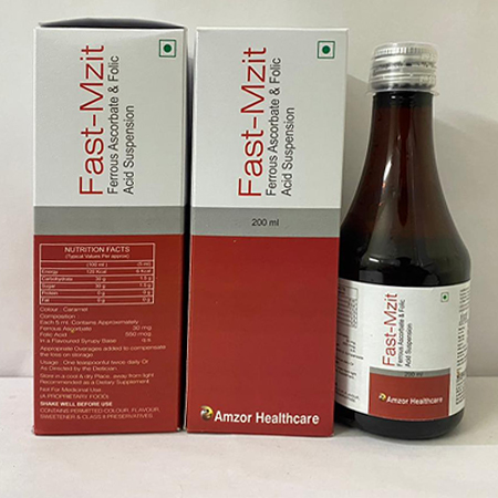 Product Name: FAST MZIT, Compositions of FAST MZIT are Ferrous Ascrobate & Folic Acid Suspension - Amzor Healthcare Pvt. Ltd