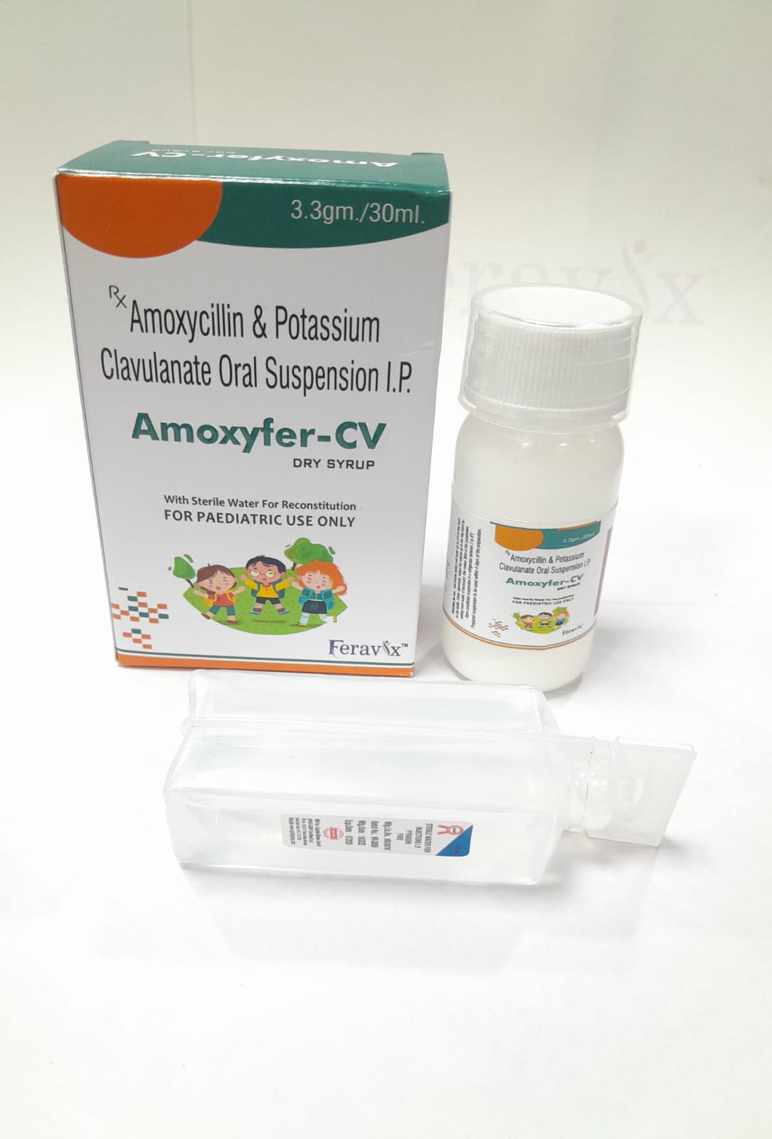 Product Name: AMOXYFER CV Dry Syrup, Compositions of AMOXYFER CV Dry Syrup are AMOXYCILLIN 200MG, CLAVULANIC ACID 28.5MG - Feravix Lifesciences