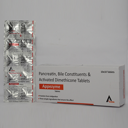 Product Name: APPEZYME, Compositions of APPEZYME are Pancreatin, Bile Constituents & Activated Dimethicone Tablets - Alencure Biotech Pvt Ltd