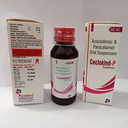 Product Name: Ceclokind P, Compositions of Ceclokind P are Aceclofenac & Paracetamol Oral Suspension - Paraskind Healthcare