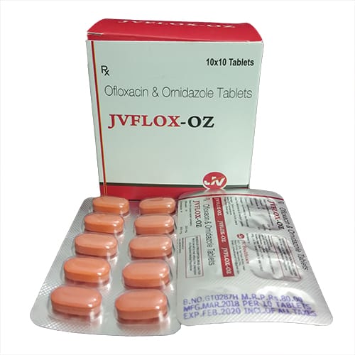 Product Name: JVFLOX OZ Tablets, Compositions of JVFLOX OZ Tablets are Ofloxacin 200mg  Ornidazole 500mg - JV Healthcare