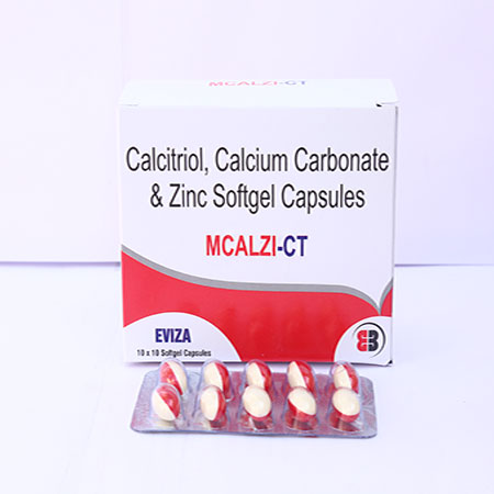 Product Name: Mcalzi CT, Compositions of Mcalzi CT are Calcitriol Calcium Carbonate & Zinc Softgel Capsules - Eviza Biotech Pvt. Ltd
