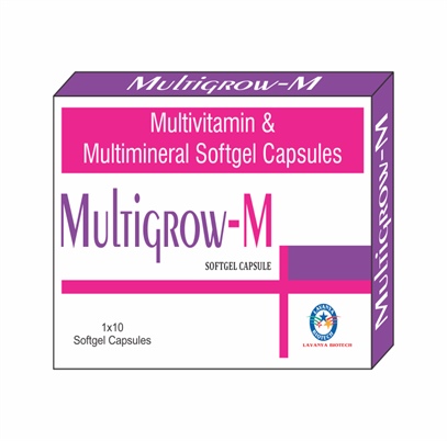 Product Name: Multigrow M, Compositions of Multigrow M are Multivitamin Multiminerals Softgel Capsules - Lavanya Biotech