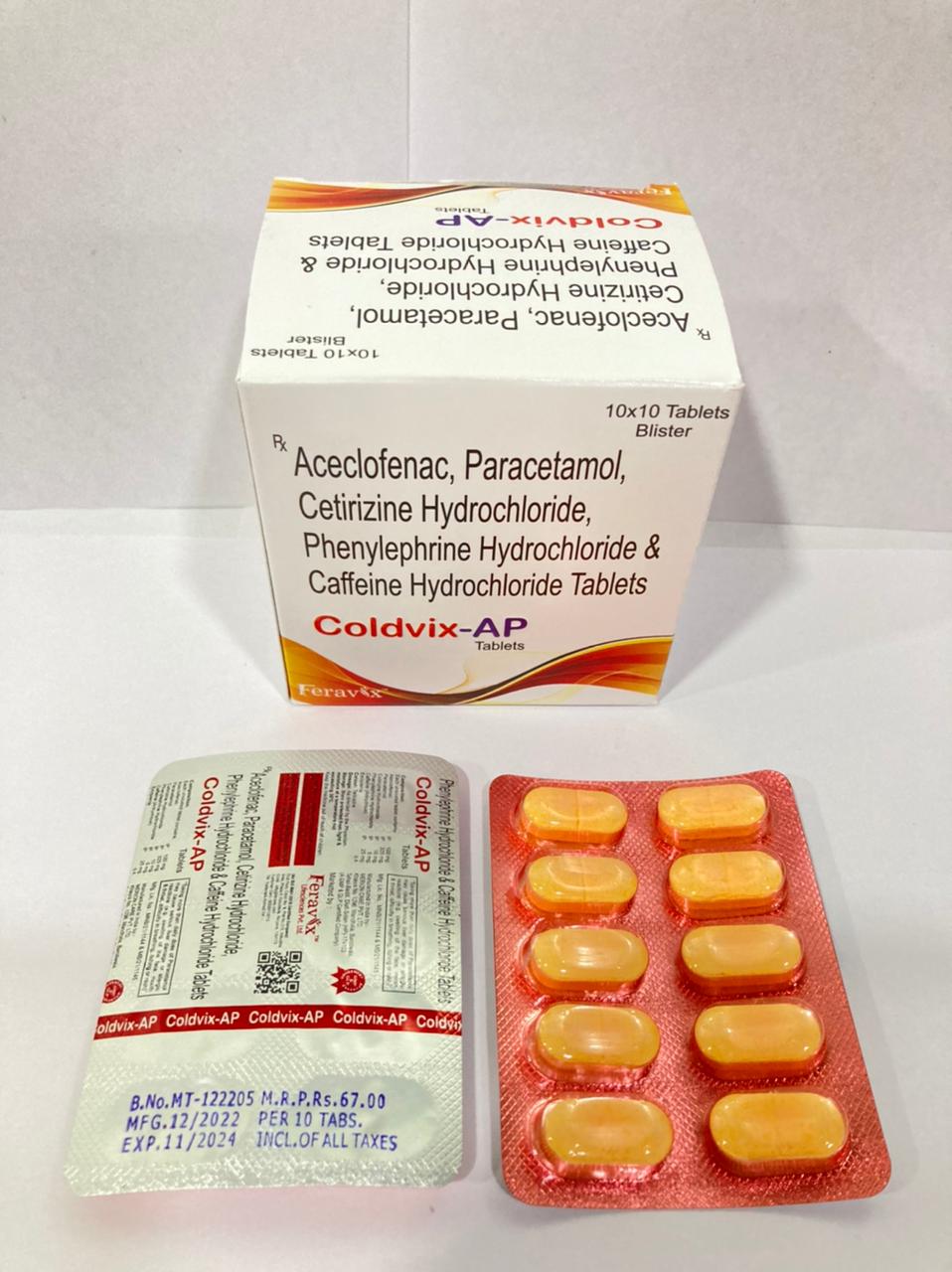 Product Name: COLDVIX AP Tablets, Compositions of COLDVIX AP Tablets are ACECLOFENAC 100 MG, PARACETAMOL 325 MG, CETIRIZINE DIHYDROCHLORIDE 10 MG,PHENYLEPHRINE HYDROCHLORIDE 5 MG, CAFFEINE 25 MG - Feravix Lifesciences
