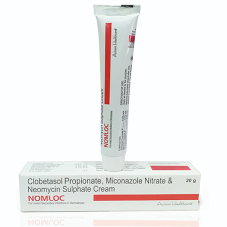 Product Name: Nomloc, Compositions of Nomloc are Clobetasol Propionate, Miconazole Nitrate and Neomycin Sulphate Cream - Acinom Healthcare
