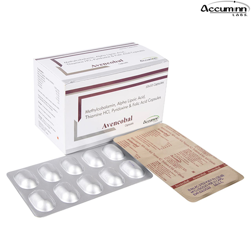 Product Name: Avencobal, Compositions of Avencobal are Methylcobalamin, Alpha Lipoic Acid Thiamine Hcl, Pyridamine & Folic Acid Capsules - Accuminn Labs