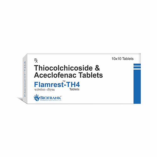 Product Name: Flamrest th4, Compositions of Flamrest th4 are Thiocolchicoside Aceclofenac Tablets  - Biofrank Pharmaceuticals (India) Pvt. Ltd