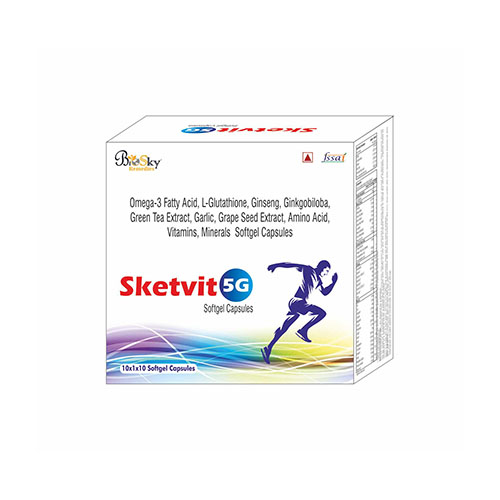 Product Name: Sketvit 5G, Compositions of Sketvit 5G are Omega-3 Fatty Acid,L-Glutathione,Ginseg,Ginkgobiloba,Grean Tea Extract,Garlic,Grape Seed Extract,Amino Acid,Vitamins,Minerals Softgel Capsules - Biosky Remedies