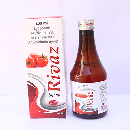 Product Name: Rivaz, Compositions of Rivaz are Lycopene Multiviatimins Multiminearals & Antioxidants Syrup - Eviza Biotech Pvt. Ltd