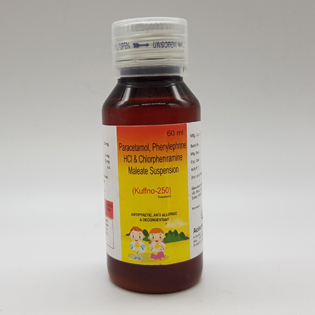 Product Name: Kuffno 250, Compositions of Kuffno 250 are Paracetamol, Phenylephrine Hydrochloride and chlorpheniramine  Maleate Suspension   - Acinom Healthcare