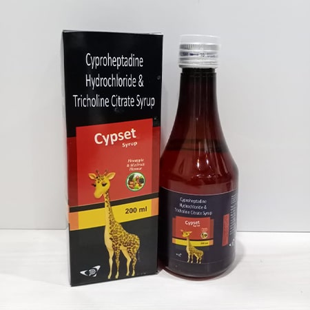 Product Name: Cypset, Compositions of Cypset are Cyproheptadine hydrochloride tricholine Citrate Syrup - Soinsvie Pharmacia Pvt. Ltd