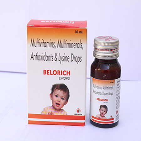 Product Name: Belorich, Compositions of Belorich are Multivitamins Multiminerals Antioxidants & Lysine Drops - Eviza Biotech Pvt. Ltd