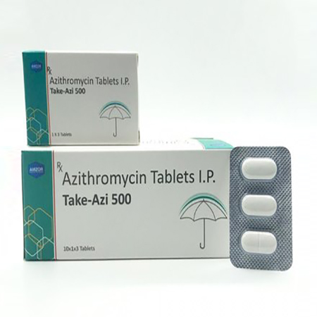 Product Name: Take Azi 500, Compositions of Take Azi 500 are Azithromycin Tablets IP - Amzor Healthcare Pvt. Ltd