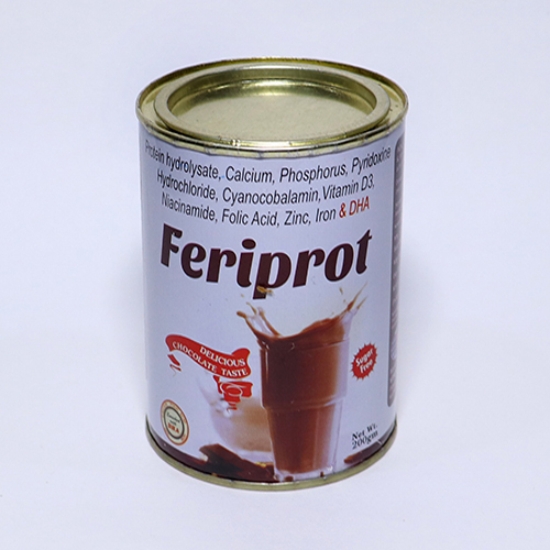 Product Name: Feriprot, Compositions of Feriprot are Protein hydrolysate, calcium, phosphorus pyridoxiate hydrochloride, cyancobalamin, vitamin d3 niacinamide, folic acid, zinc, iron & DHA - Vitabiotech Healthcare Private Limited
