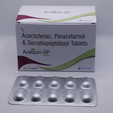 Product Name: ACEQUIN SP, Compositions of ACEQUIN SP are Aceclofenac,Paracetamol and Serratiopeptidase Tablets - Norvick Lifesciences