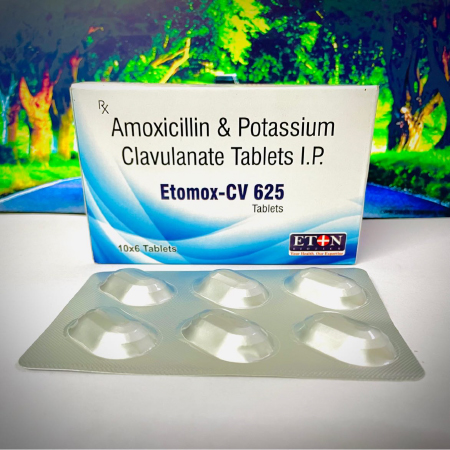 Product Name: Etomox CV 625, Compositions of Etomox CV 625 are Amoxicillin & Potassium Clavunate Tablets I.P. - Eton Biotech Private Limited