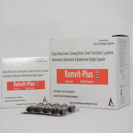 Product Name: RUNVIT PLUS, Compositions of RUNVIT PLUS are Soft Gelatin Capsules of Omega 3 Fatty Acids, Green Tea Extract, Ginkgo Biloba, Gingseng, Grapeseed Extract, Antioxidants Vitamins, Minerals & Trace Elements - Alencure Biotech Pvt Ltd