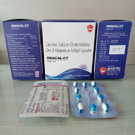 Product Name: Onacal CT, Compositions of Onacal CT are Calcitriol Calcium Citrate Maleate Zinc & Magnesium Softgel Capsules - Aviotic Healthcare Pvt. Ltd