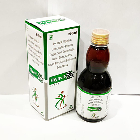 Product Name: Hiyavit 7G, Compositions of Hiyavit 7G are Lycopene Vitamin C Lutein Bitoin Green Tea Grapes Seed Ginkgo Biloba Garlic Ginger Ginseng Goose  Berry Citrus Bioflovonoid Extract Syrup - Arvoni Lifesciences Private Limited