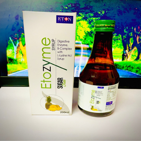 Product Name: Etozyme Syrup, Compositions of Etozyme Syrup are Digestive Enzyme B-Complex with L-Lysine Hcl Syrup - Eton Biotech Private Limited