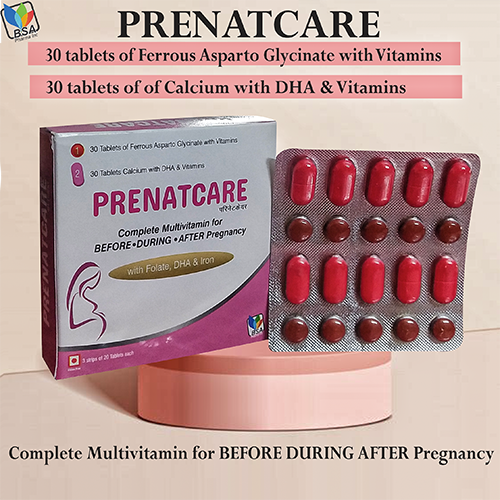 Product Name: Prenatcare, Compositions of Prenatcare are 30 tablets of Ferrous Asparto Glycinate with Vitamins 30 tablets of of Calcium with DHA & Vitamins - BSA Pharma Inc