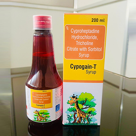 Product Name: Cypogain T, Compositions of Cypogain T are Cyproheptadine Hydrochloride And Tricholine Citrate with Sorbitol Syrup - Gainmed Biotech Private Limited