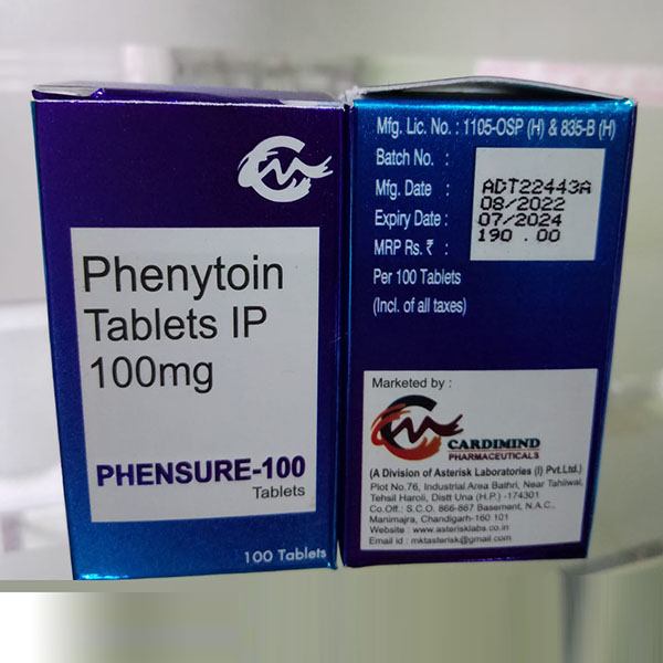Product Name: Phensure 100, Compositions of Phensure 100 are Phenytoin Tablets IP 100 mg - Aseric Pharma