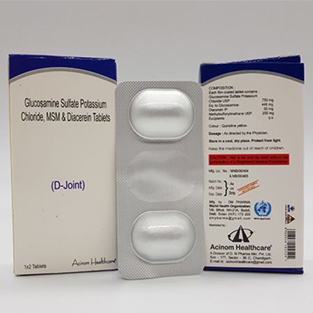 Product Name: D Joint, Compositions of D Joint are Glucosamine Sulfate Potassium Chloride, MSM and Diacerein Tablets - Acinom Healthcare